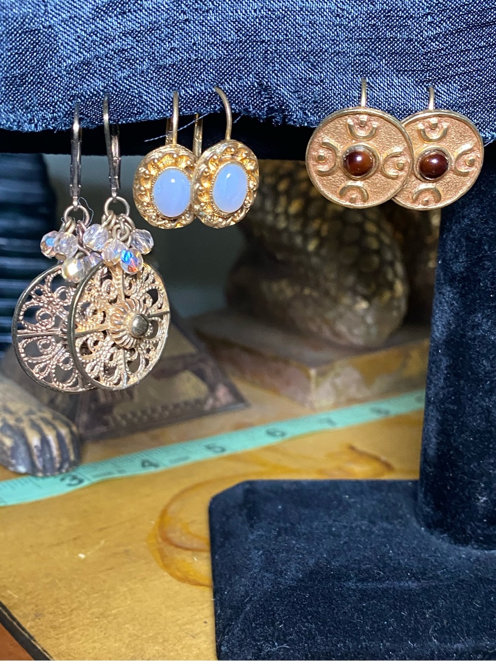 Vintage Gold-Tone Filigree and Blue Cabochon Dangle Earrings